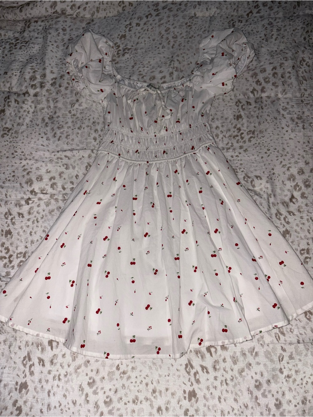Francesca's Collections White Cherry Print Puff-Sleeve Woman’s Dress